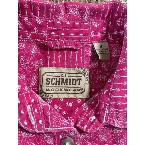 C.E.Schmidt Work Wear Pink 100% cotton bandana pattern button front top SZ M - Picture 4 of 7